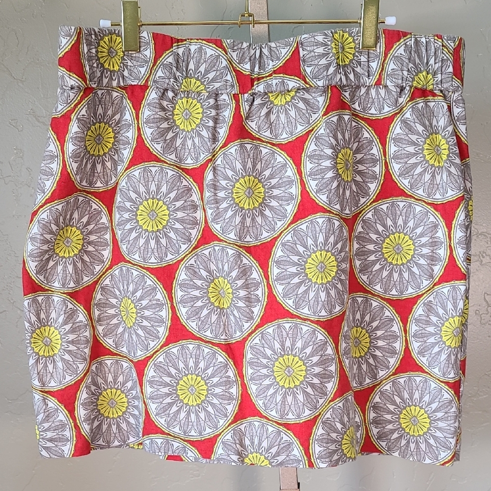 Banana Republic Red Tan‎ Yellow Patterned Elastic Waistband Skirt L 2014 Linen